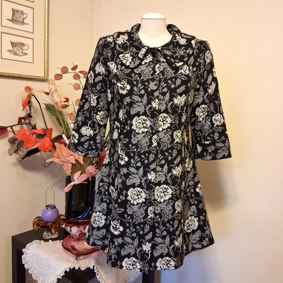NEW Women’s Elegant Pea Coat Black White Floral Lined Trench Coat ¾ Sleeve 18 XL - Picture 4 of 9